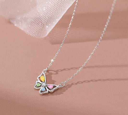 Crystal Colourful Butterfly 925 Sterling Silver Necklace Chain Womens Jewellery