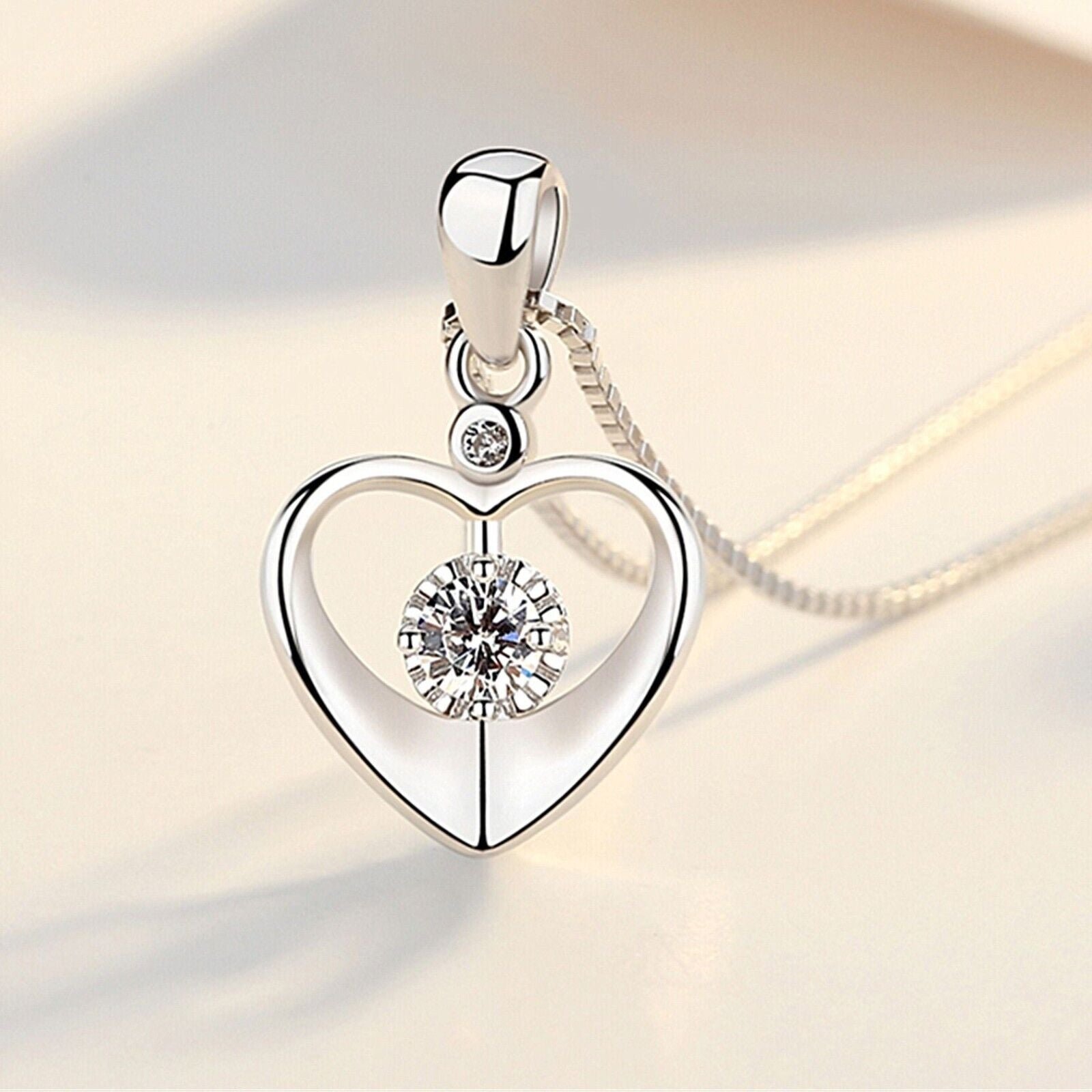 925 Sterling Silver Crystal Love Heart Pendant Necklace Women Jewellery Gift UK